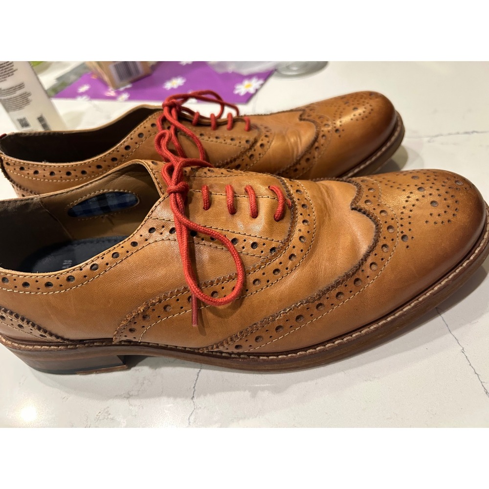 Ben Sherman Wingtip Oxfords Tan Leather Red Laces Brogue Dress Shoes Mens 44 - Picture 3 of 9
